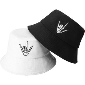 2 Pack Skull Bucket Hat for Men Women, Cotton Skeleton Hand Fisherman Hat, Foldable Black White Summer Travel Sun Hat in Saudi Arabia