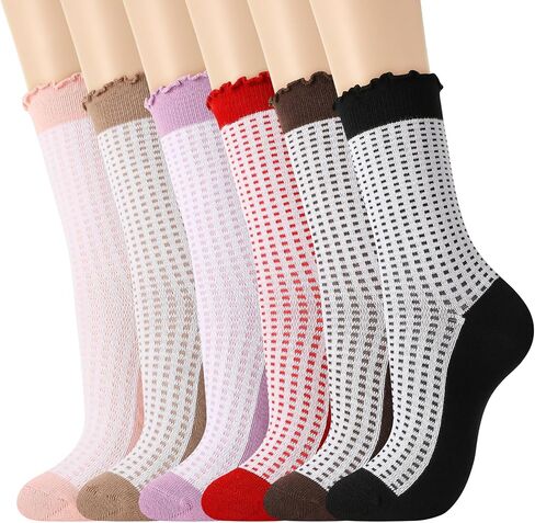 Women Ruffle Striped Frilly Socks, Cotton Checkered Crew Socks with Cute Pattern, Retro Casual Socks Size 5-9 in Saudi Arabia