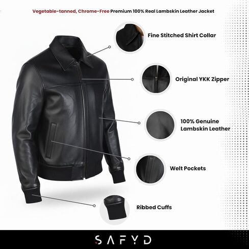 سترة جلدية للرجال من SAFYD® باللون الأسود 100% من جلد الخراف الحقيقي للرجال سترة جلدية فاخرة للرجال مع ياقة قميص in Kuwait