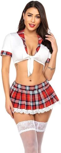 Women's Sexy Schoolgirl Lingerie Set Cosplay Outfit with Tie-Front Crop Top & Plaid Mini Skirt, Plus Size Roleplay Costume in Saudi Arabia