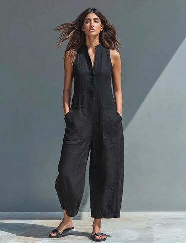 Women's Linen Blend Sleeveless Jumpsuit, Casual Button Down Stand Collar Loose Wide Leg Cropped One Piece Jumpsuit in Kuwait
