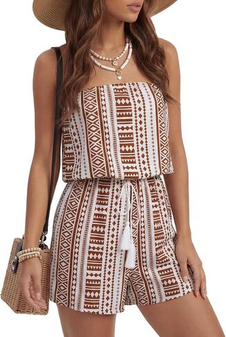 Vrtige Women's Boho Print Strapless Drawstring Waist Beach Short Romper Jumpsuits in Kuwait