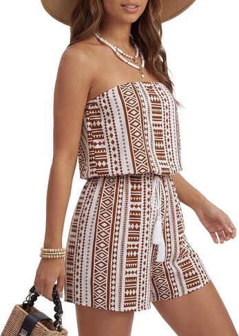 Vrtige Women's Boho Print Strapless Drawstring Waist Beach Short Romper Jumpsuits in Kuwait
