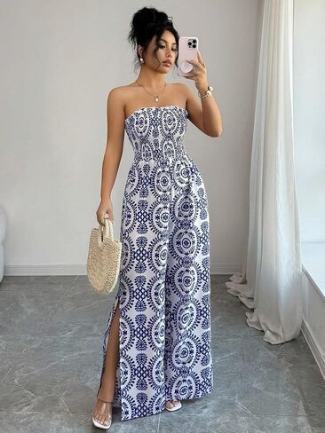 Women's Strapless Smocked Waist Floral Print Jumpsuit, Wide Leg with Side Slits in Kuwait