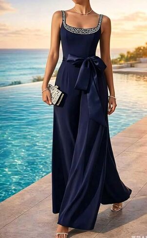 Women Navy Square Neck Bow Mesh Jumpsuit Soft Breathable Formal Vacation Daily Outfit in Kuwait