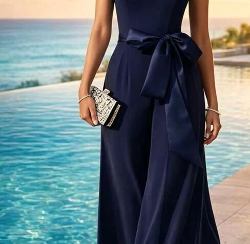 Women Navy Square Neck Bow Mesh Jumpsuit Soft Breathable Formal Vacation Daily Outfit in Kuwait