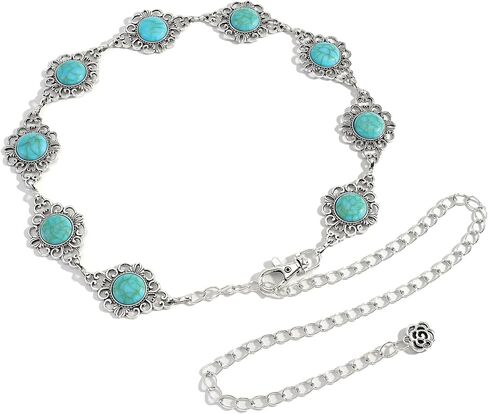 Western Turquoise Concho Chain Belt for Women, Silver Boho Cowgirl Adjustable Waist Western Style Accessories in Saudi Arabia
