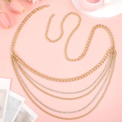 Molain Gold Waist Chain Belt for Women, Multilayer Sparkly Rhinestones Body Belly Waist Chain Belts Elegant Jewelry Accessories Body Decorate for Dresses Jeans Skirts Trouser in Saudi Arabia