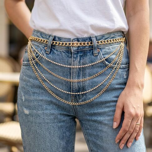 Molain Gold Waist Chain Belt for Women, Multilayer Sparkly Rhinestones Body Belly Waist Chain Belts Elegant Jewelry Accessories Body Decorate for Dresses Jeans Skirts Trouser in Saudi Arabia