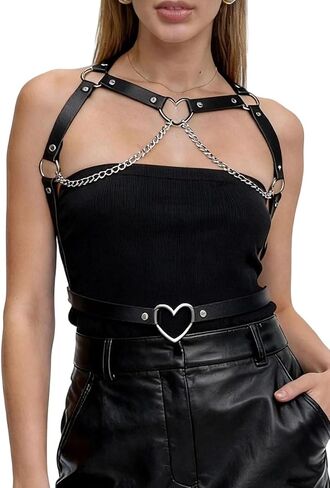 Punk Leather Harness Belt for Women, Goth Chain Waist Belt Rave Fashion Body Harness Adjustable Halloween Party Accessories (Waist 28.3-37.8in) in Saudi Arabia