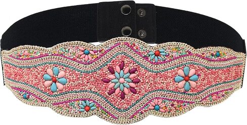 idealway Bohemian Belts for Women Wide Stretch Elastic Waist Belt Body Chain Handmade Beaded Flower Adjustable Belt in Saudi Arabia