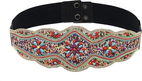 idealway Bohemian Belts for Women Wide Stretch Elastic Waist Belt Body Chain Handmade Beaded Flower Adjustable Belt in Saudi Arabia