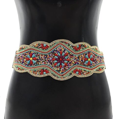 idealway Bohemian Belts for Women Wide Stretch Elastic Waist Belt Body Chain Handmade Beaded Flower Adjustable Belt in Saudi Arabia