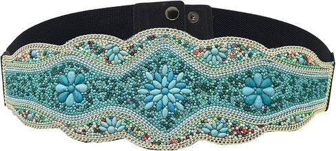 idealway Bohemian Belts for Women Wide Stretch Elastic Waist Belt Body Chain Handmade Beaded Flower Adjustable Belt in Saudi Arabia