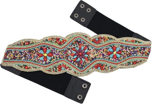 idealway Bohemian Belts for Women Wide Stretch Elastic Waist Belt Body Chain Handmade Beaded Flower Adjustable Belt in Saudi Arabia