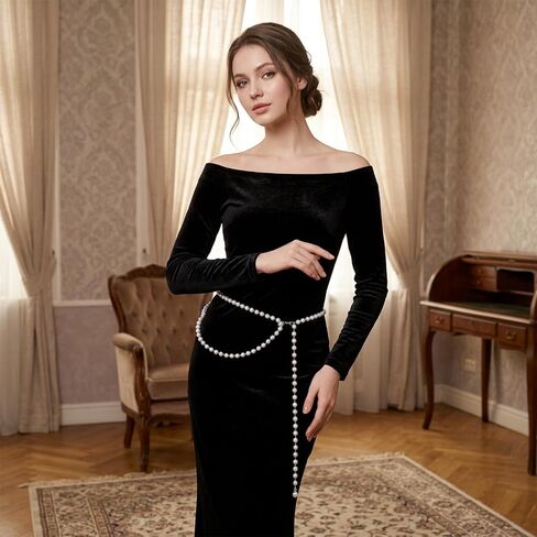 Pearl Belts for Women Pearl Waist Chain White Pearls-Body-Chain with Rhinestone Buckle Tassel Design Elegant Bride Waist Chain Belt for Dress Skirts Jeans Bridal and Wedding Dresses in Kuwait