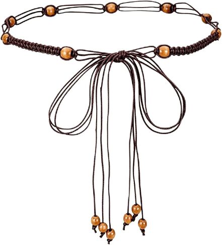 Brown Boho Beaded Belt Thin Woven Braided Wax Rope Simple Minimalist Tie Waist Belt for Women Warm-Weather Festival Dresses, Skirts Outfits in Saudi Arabia