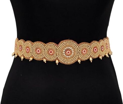 VAMA Indian Traditional Maggam Work Cloth Saree Waist Hip Belt Stretchable Sontada Patti Vadanam Kamarpatta Kamarband For Women (Red Kamarbandh) in Saudi Arabia