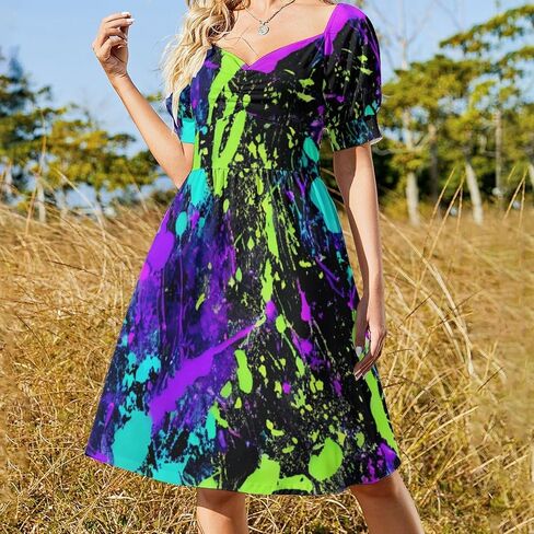 Glow in Dark Splatter Neon Women's Dress V-Neck Short Sleeve Dresses in Saudi Arabia