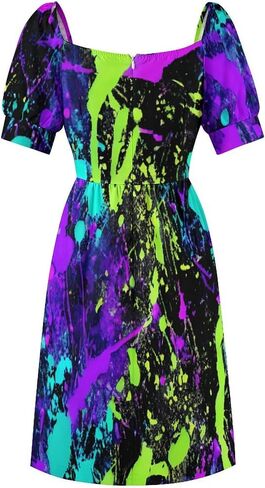 Glow in Dark Splatter Neon Women's Dress V-Neck Short Sleeve Dresses in Saudi Arabia