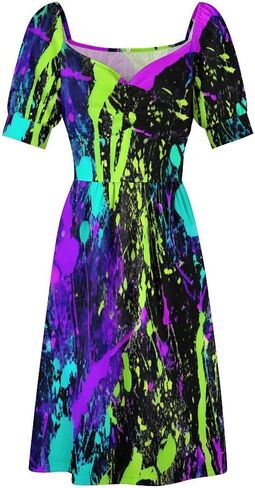 Glow in Dark Splatter Neon Women's Dress V-Neck Short Sleeve Dresses in Saudi Arabia