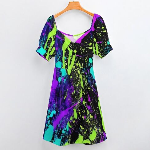 Glow in Dark Splatter Neon Women's Dress V-Neck Short Sleeve Dresses in Saudi Arabia