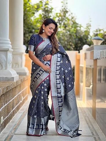 Women's Soft Silk Saree With Zari Moti & Animal Design Wiht Unstitched Blouse Piece in Saudi Arabia