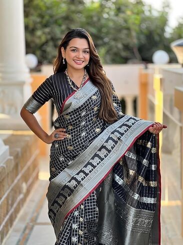 Women's Soft Silk Saree With Zari Moti & Animal Design Wiht Unstitched Blouse Piece in Saudi Arabia