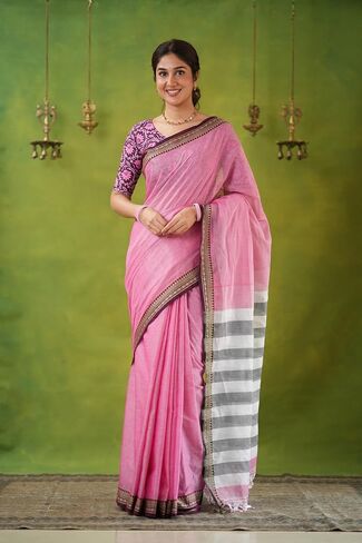 Narayanpeth Mercerized Pink Cotton Saree with Traditional Zari Border & Rich Pallu | Soft Lightweight Ethnic Cotton Saree for Women in Saudi Arabia