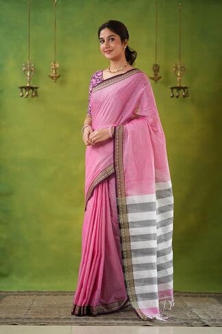 Narayanpeth Mercerized Pink Cotton Saree with Traditional Zari Border & Rich Pallu | Soft Lightweight Ethnic Cotton Saree for Women in Saudi Arabia