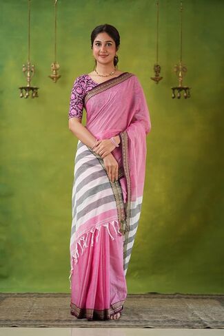 Narayanpeth Mercerized Pink Cotton Saree with Traditional Zari Border & Rich Pallu | Soft Lightweight Ethnic Cotton Saree for Women in Saudi Arabia