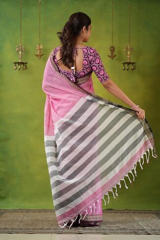 Narayanpeth Mercerized Pink Cotton Saree with Traditional Zari Border & Rich Pallu | Soft Lightweight Ethnic Cotton Saree for Women in Saudi Arabia