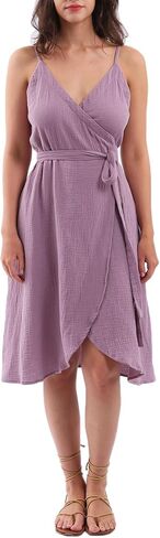 Amazhiyu Womens Summer Spaghetti Strap Sleeveless Midi Wrap Dress with Pockets Purple, X-Large in Kuwait