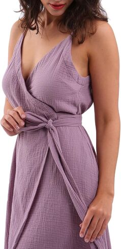 Amazhiyu Womens Summer Spaghetti Strap Sleeveless Midi Wrap Dress with Pockets Purple, X-Large in Kuwait