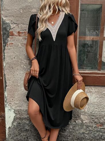 Women's Black V-Neck Lace Patchwork Short-Sleeve Slit Loose Midi Dress - Boho Casual Daily Vacation Dress in Kuwait