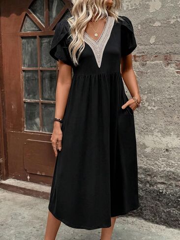 Women's Black V-Neck Lace Patchwork Short-Sleeve Slit Loose Midi Dress - Boho Casual Daily Vacation Dress in Kuwait