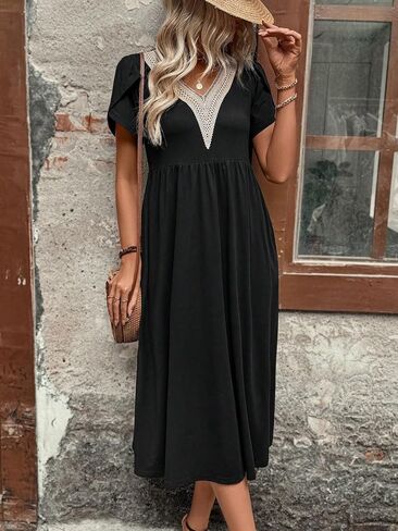 Women's Black V-Neck Lace Patchwork Short-Sleeve Slit Loose Midi Dress - Boho Casual Daily Vacation Dress in Kuwait