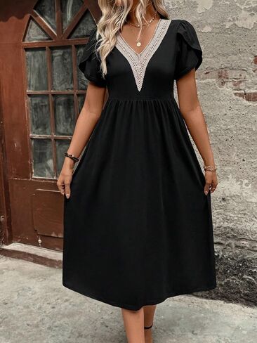 Women's Black V-Neck Lace Patchwork Short-Sleeve Slit Loose Midi Dress - Boho Casual Daily Vacation Dress in Kuwait