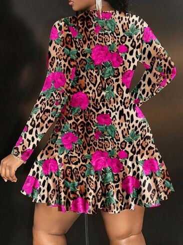 Women's Long-Sleeve Dress Round Neck Flared Skirt Bold Print for Evening Parties Stylish Nights Out in Kuwait