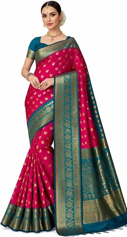 Women's Kanjivaram Soft Silk Saree With Unstitched Blouse Piece 5.5 Metres in Kuwait