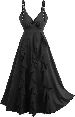DRESSFO Women's Ruffles Surplice Solid Straps Buckle Grommet A Line Dress in Saudi Arabia