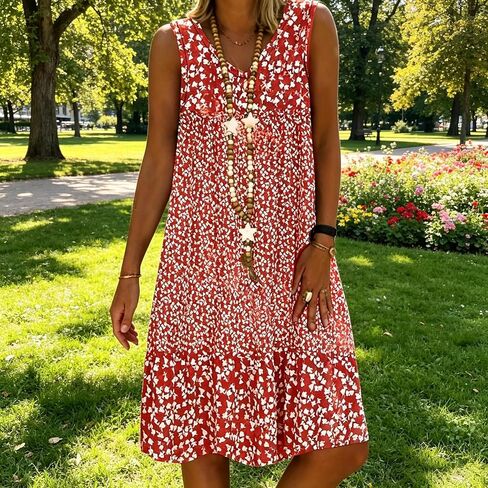 Women's Floral Print Sleeveless Dress, V-Neck Ruffle Hem Loose Casual Tank Dress in Kuwait