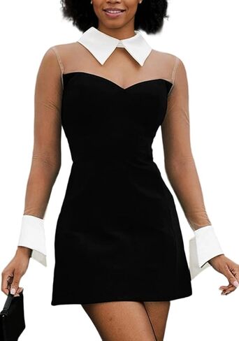 Tbahhir Womens Elegant Mini Black Dress Mesh Patchwork Long Sleeve Short A Line Dresses Formal Evening Party Cocktail in Saudi Arabia