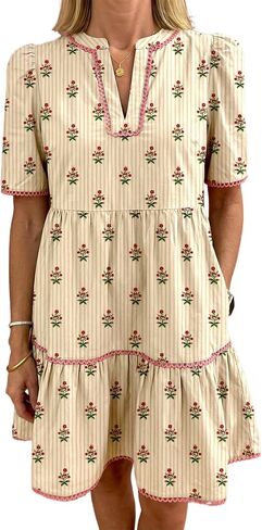 TinyCribz Women's Apricot Striped Floral Dress – Casual Short Sleeve Shift Dress with Ruffle Hem and Rick Rack Details in Saudi Arabia