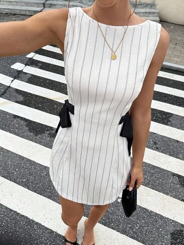 Women Stripe Sleeveless Mini Dress Bow Accent Shift Casual Chic for Brunch in Kuwait