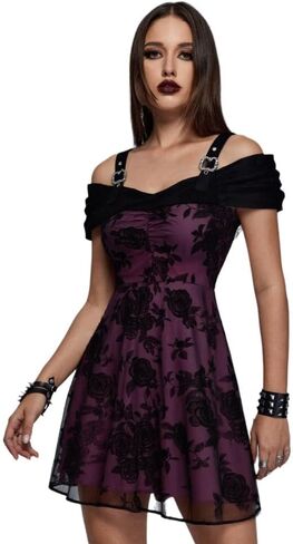 DRESSFO Gothic Victorian Punk Cold Shoulder Rose Flower Leaf Flocking Ruched Buckle Grommet Vintage Dress in Saudi Arabia