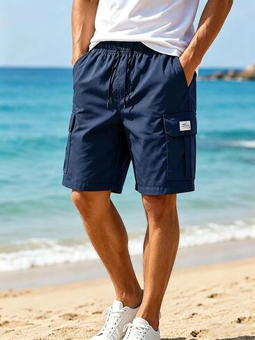 Men's Cargo Shorts Elastic Drawstring Waist Casual Loose Fit Shorts with Multi Pockets in Kuwait