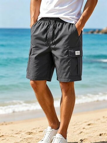Men's Cargo Shorts Elastic Drawstring Waist Casual Loose Fit Shorts with Multi Pockets in Kuwait
