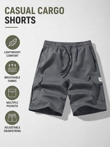 Men's Cargo Shorts Elastic Drawstring Waist Casual Loose Fit Shorts with Multi Pockets in Kuwait
