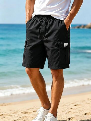 Men's Cargo Shorts Elastic Drawstring Waist Casual Loose Fit Shorts with Multi Pockets in Kuwait